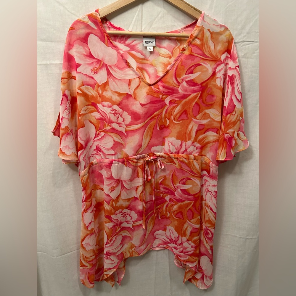 Together Floral V-Neck Tie-Front Tunic in Pink and Orange